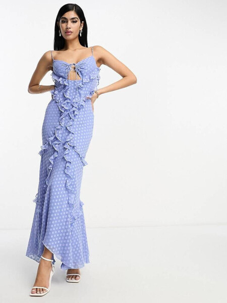 ASOS DESIGN halter ruffle maxi dress with cut out detail in textured spot in blue