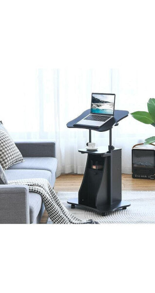 Adjustable Mobile Standing Desk Cart with Tilt Desktop and Cabinet-Black