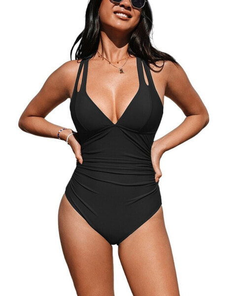 Women's Release Happiness Ruched Cross Back One Piece Swimsuit