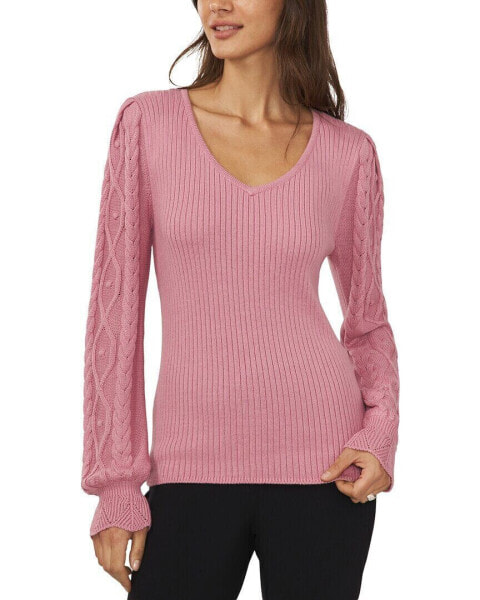 Cece Heart Neckline Cable Sleeve Sweater Women's