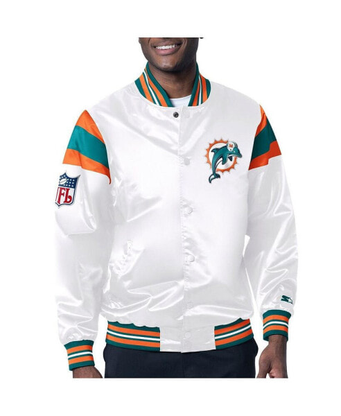 Men's White, Aqua Distressed Miami Dolphins Vintage-Like Satin Full-Snap Varsity Jacket