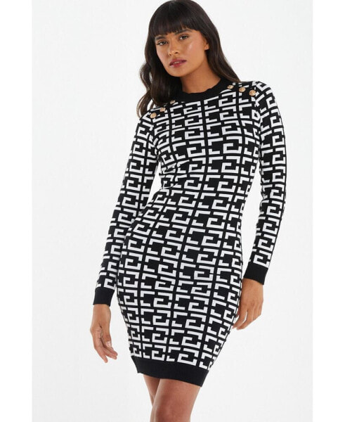 Women's Geometric Button Neckline Sweater Dress