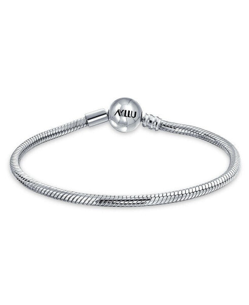 Amulet Talisman Infinity Symbol Initial Snake Chain Starter European Charm Bangle Bracelet For Women .925 Sterling Silver Heart, Round or Ball Barrel Clasp