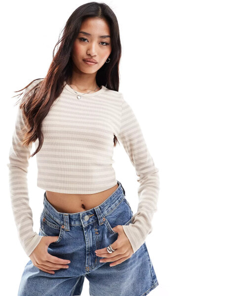 JJXX feline ribbed cropped long sleeve t-shirt in beige stripe