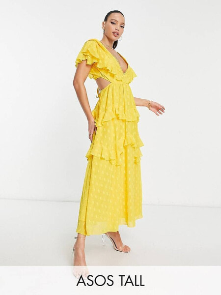 ASOS DESIGN Tall dobby tiered midi dress with lace insert and open back in yellow 