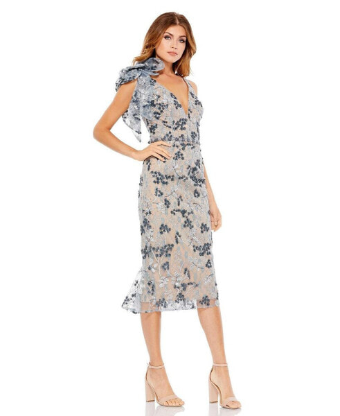 Women's Floral Embellished V-neck Midi Dress with Shoulder Bow