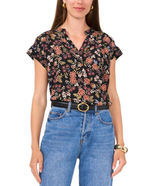 Women's Floral-Print Split-Neck Short-Sleeve Blouse