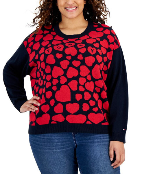 Plus Size Heart Jacquard Long-Sleeve Sweater