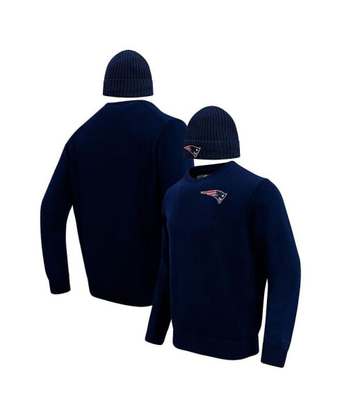 Men's Navy New England Patriots Crewneck Pullover Sweater and Cuffed Knit Hat Box Gift Set