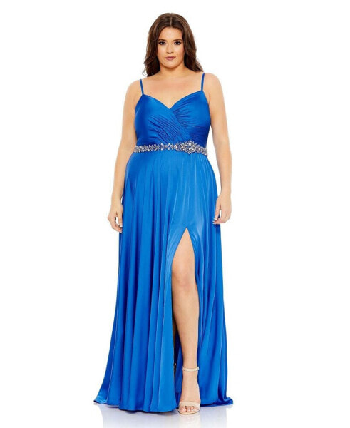 Plus Size Beaded Belt Faux Wrap A Line Gown