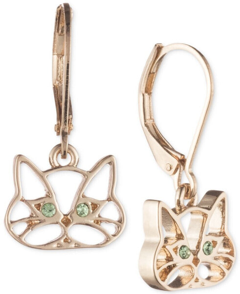 Gold-Tone Green Crystal Cat Drop Earrings