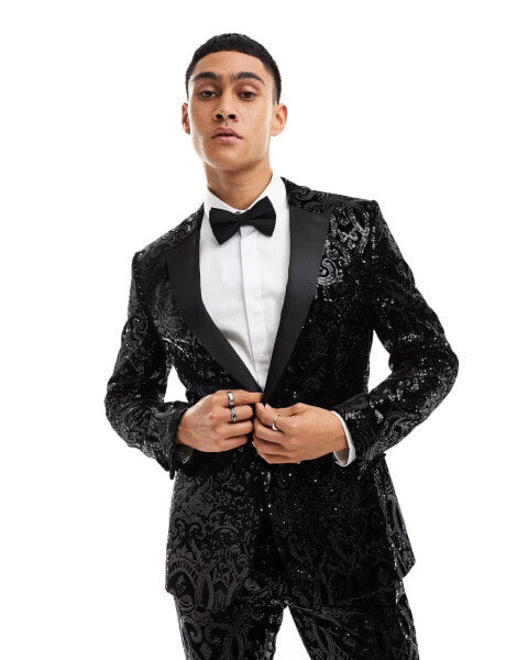 ASOS DESIGN paisley sequin skinny tuxedo jacket in black