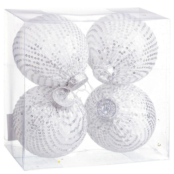 Елочные шарики бело-серебристые пластиковые с тканью и пайетками 10 x 10 x 10 см (4 штуки) от Shico