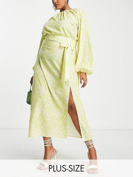 Pretty Lavish Curve tie midaxi skirt co-ord in chartreuse floral