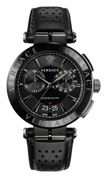 Versace Aion Chronograph Herrenuhr Schwarz Leder Schwarz Stahl 45mm