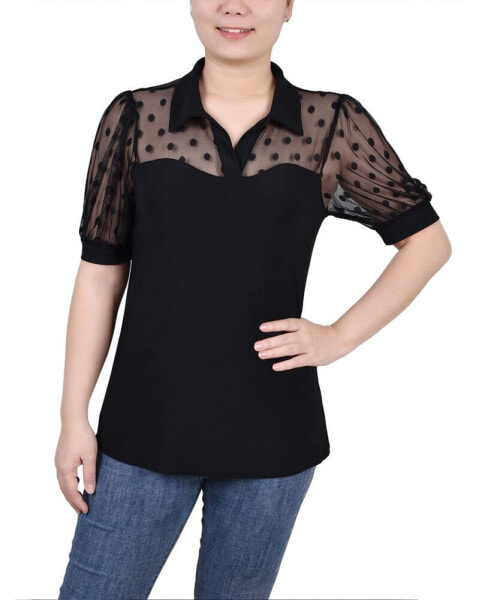 Petite Short Sleeve Dotted Mesh Top