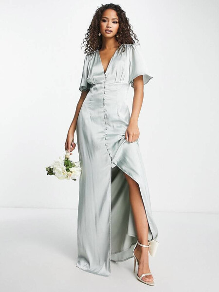 Anaya Bridesmaid satin button through maxi dress in sage green