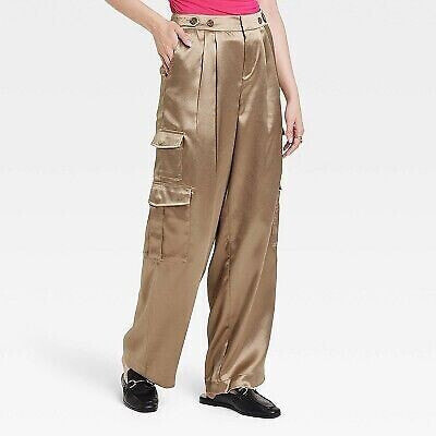 Women's High-Rise Satin Cargo Pants - A New Day Brown 16