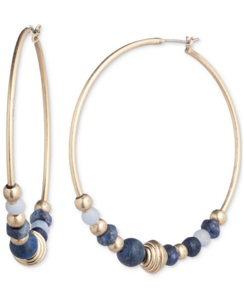 Gold-Tone Medium Natural Bead Hoop Earrings, 1.8"