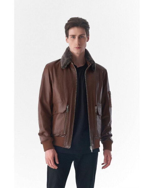 Men's Detachable Shearling Collar Leather Jacket, Jumbo Tan