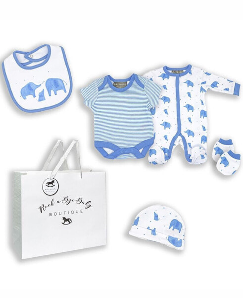 Костюм для малышей Rock-A-Bye Baby Boutique комплект для мальчиков с слониками, 5 предметов в мешковине.