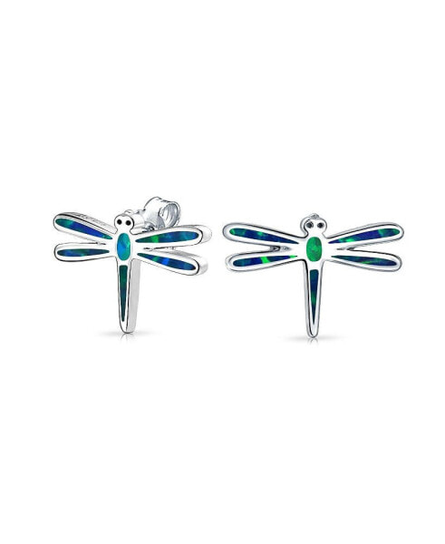 Synthetic Blue Created Opal Garden Insect Summer Dragonfly Firefly Stud Earrings For Women For Sterling Silver