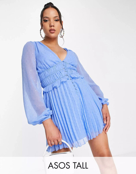 ASOS DESIGN Tall button through ruched waist pleated mini dress in metallic dobby in cornflower blue