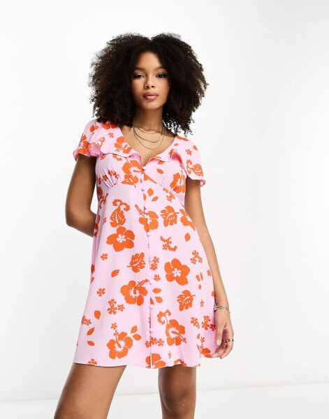 ASOS DESIGN flutter sleeve mini tea dress with buttons in pink and red floral print