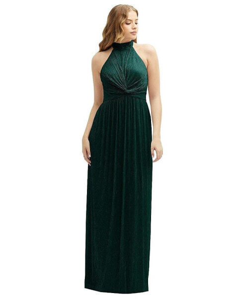 Women's Band Collar Halter Open-Back Metallic Pleated Maxi Dress