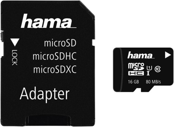 Hama microSDHC 16GB Class 10 UHS-I 80MB/s Karte inkl. SD Adapter, Schwarz