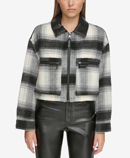 Women's Faux-Leather-Trim Cropped Plaid Jacket