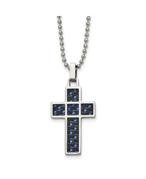 Black and Blue Carbon Fiber Inlay Cross Pendant Ball Chain Necklace