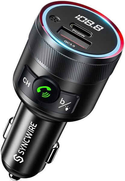 Syncwire Bluetooth 5.1 FM Transmitter for Car, 38W PD&QC3.0 Fast Car Charger, Wireless FM Radio Adapter, Bass Sound Music Player, Car Kit with Hands-Free Function USB Drive