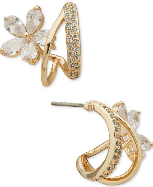 Gold-Tone Crystal Flower Small Hoop Earrings, .58"
