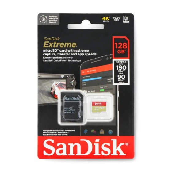 Память карта Sandisk microSDXC 128 ГБ Extreme 190MB/s UHS-I U3 класс А2 с адаптером