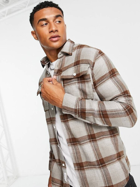 Selected Homme check shirt in beige and brown 