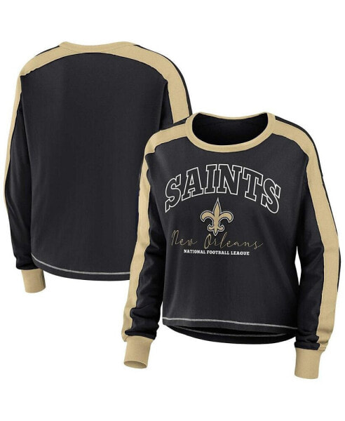 Women's Black, Gold New Orleans Saints Color Block Modest Crop Long Sleeve T-shirt