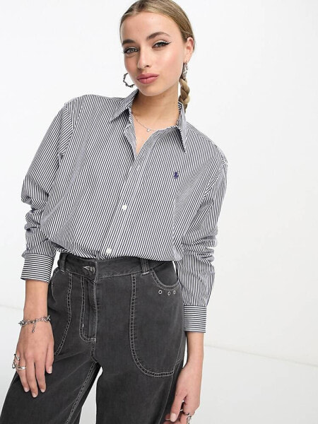 Polo Ralph Lauren icon logo crop boxy fit stripe poplin shirt in blue