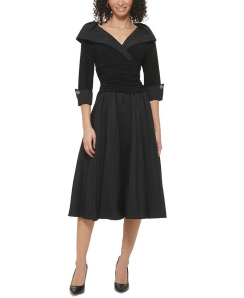 Petite 3/4-Sleeve Portrait-Collar Fit & Flare Dress