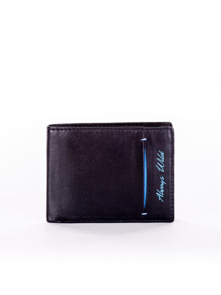 Мужское портмоне кожаное черное горизонтальное  без застежки с надписями Portfel-CE-PR-15936-SHW.17-niebieski Factory Price