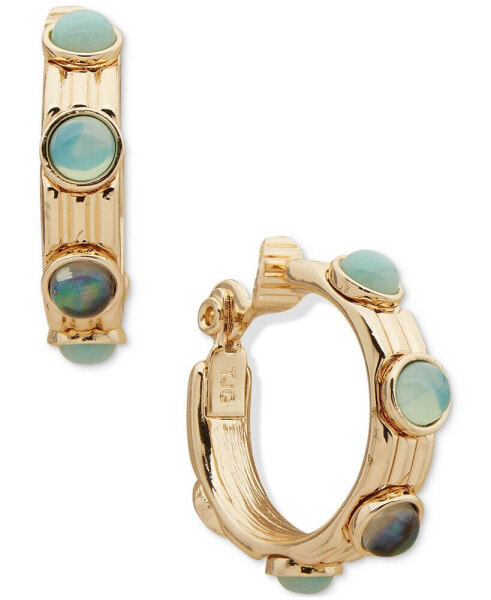 Gold-Tone Small Stone Studded Clip-On Hoop Earrings, 0.76"