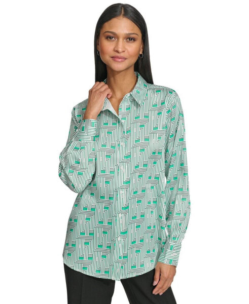 Women's Printed Roll-Cuff Button-Front Shirt
