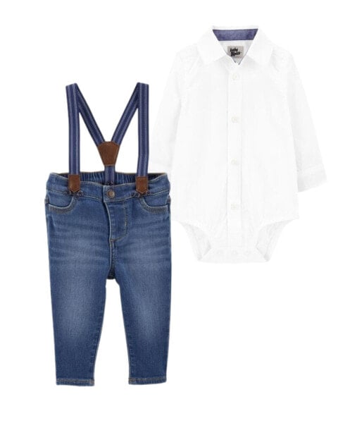 Baby 2-Piece Button-Front Bodysuit & Suspenders Jeans Set 6M