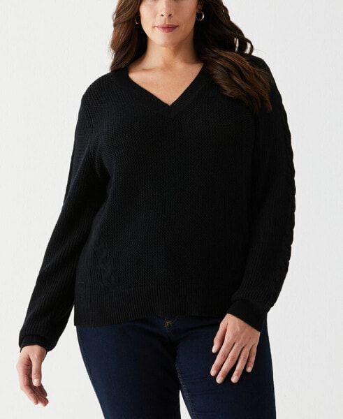 Plus Size Cable Knit V-Neck Long Sleeve Sweater