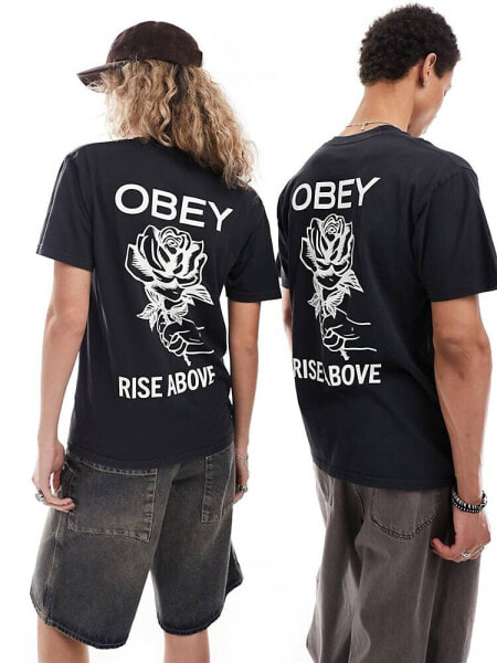 Obey unisex pigment dye rose graphic t-shirt in black