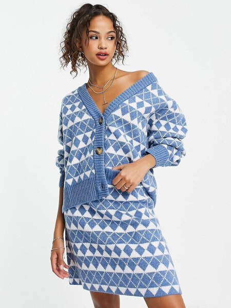 Pieces cardigan co-ord in blue & white argyle print