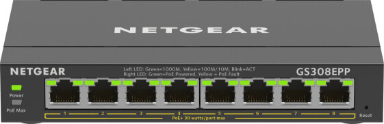 Netgear 8-Port Gigabit Ethernet High-Power PoE+ Plus Switch (GS308EPP) - Managed - L2/L3 - Gigabit Ethernet (10/100/1000) - Full duplex - Power over Ethernet (PoE)