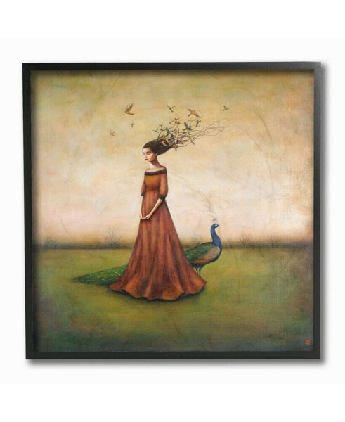 Beauty and Birds in Her Hair Woman and Peacock Illustration Framed Texturized Art, 12" L x 12" H