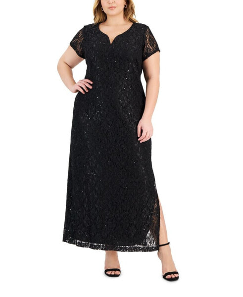 Plus Size Sequin-Lace V-Wire Maxi Dress