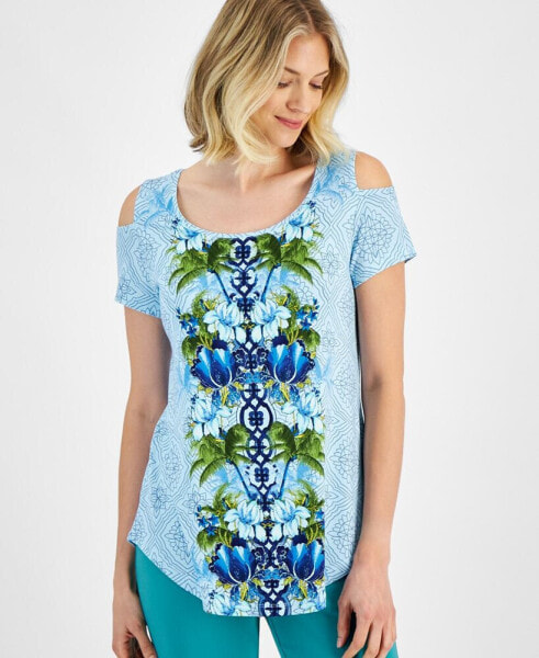 Women's Printed Cold-Shoulder Short-Sleeve Top, Created for Macy's